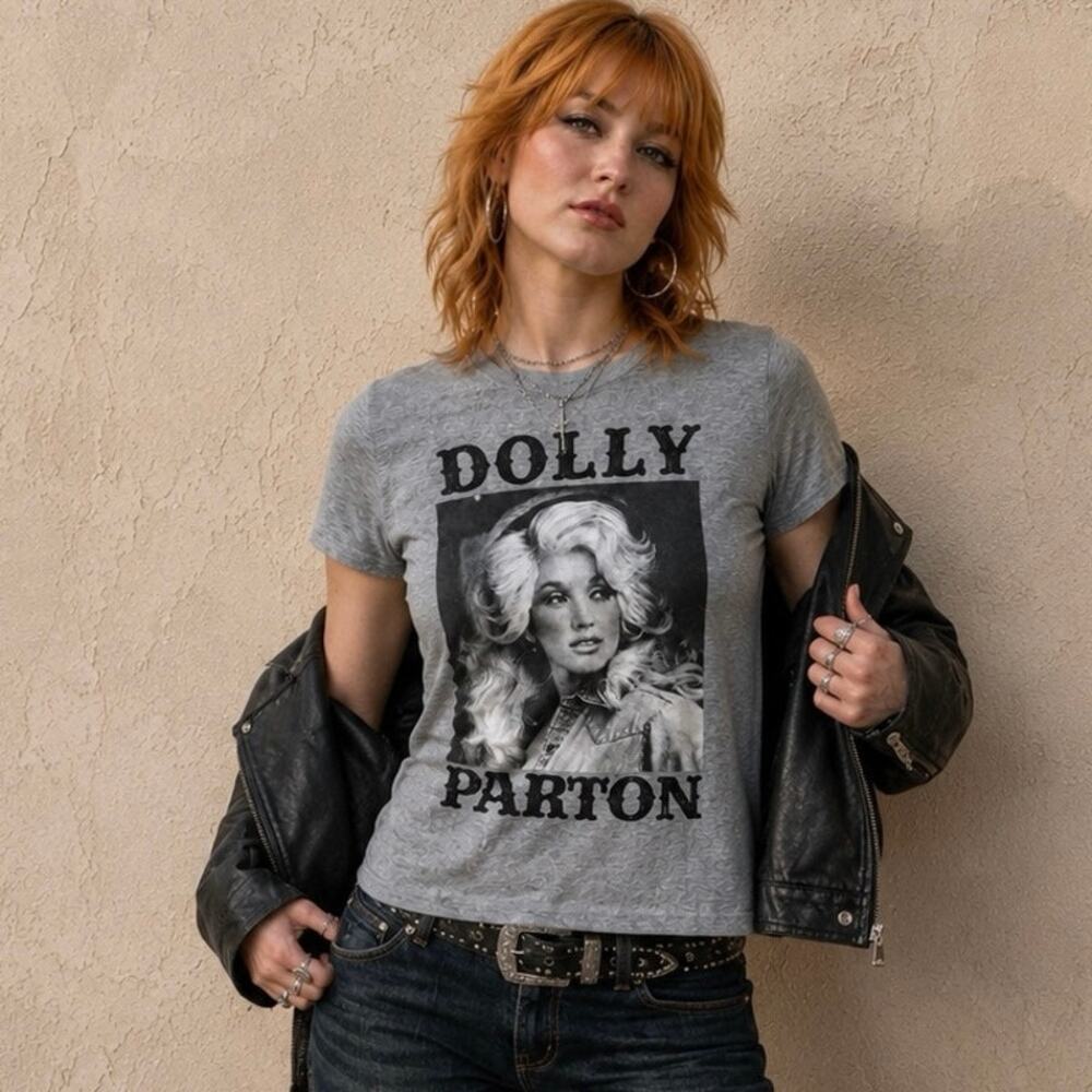 Dolly Parton Womens M Gray Portrait Graphic T Shirt Country Music Tee